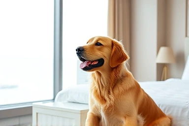 Happy dog in a luxurious Haeundae hotel room with ocean view.