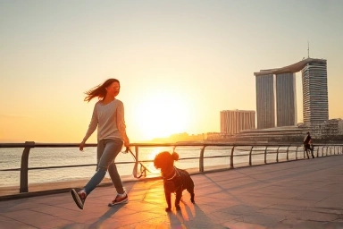 Couple and dog enjoying a sunset walk in Haeundae.