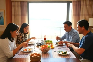 Family enjoying home-cooked meal in Haeundae hotel suite with ocean view.