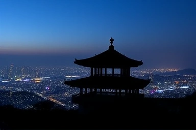 Ancient beacon (Bongsu) overlooking a modern city nightscape.