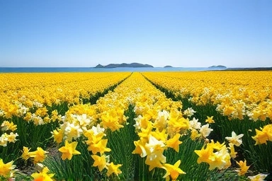 Vibrant narcissus field with Oryukdo islands and sea.