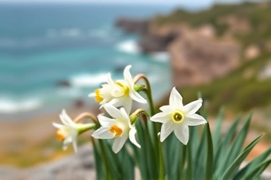 Close-up narcissus flowers with Oryukdo islands and sea.