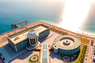 Osiria Tourist Complex aerial view with Lotte World and coastline.