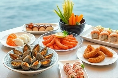 Delicious Korean seafood dishes served at a scenic restaurant.