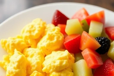 Fluffy scrambled eggs and fresh fruit salad