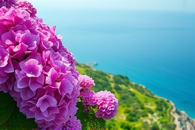 Vibrant hydrangeas overlooking the sea at a festival.