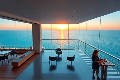 Modern ocean view cafe with unique architecture at sunrise.