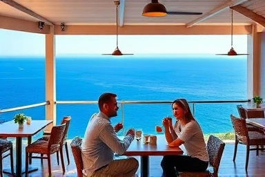 Couple enjoying coffee on cafe terrace with ocean view.
