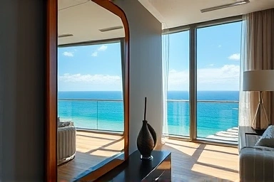 Hotel room mirror reflecting stunning ocean panorama
