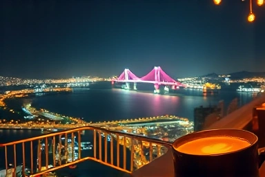 Busan Harbor Bridge night view from a rooftop cafe