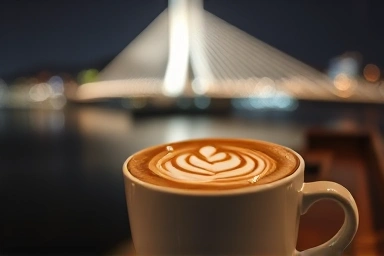 Signature latte art with night city lights bokeh