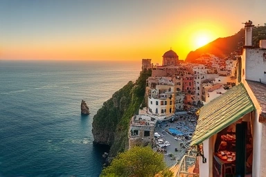 Coastal village cafes with ocean views at sunset