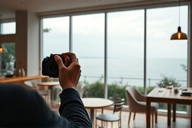 Cafe interior with ocean view and photo opportunity