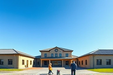 익산 교도소 세트장의 외부 전경과 방문객들의 모습