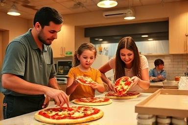 임실 치즈 테마파크에서 즐거운 피자 만들기 체험을 하는 가족