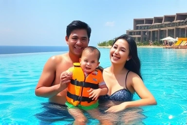 진도 솔비치 리조트 인피니티 풀에서 즐거운 시간을 보내는 가족