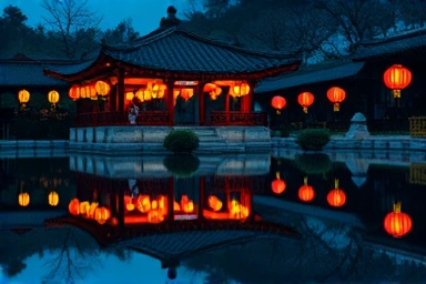 광한루원 연못 야경 반영 사진, 낭만적인 분위기