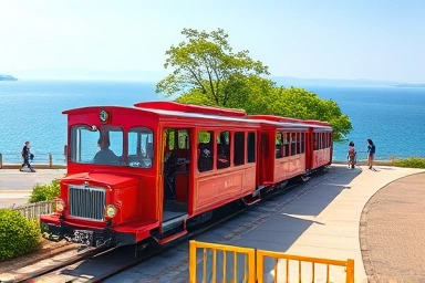 여수 오동도 동백열차가 아름다운 해안 풍경을 따라 달리는 모습