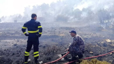 رجلا إطفاء يشرفان على تبريد منطقة حريق في إحدى غابات عجلون-(الغد)