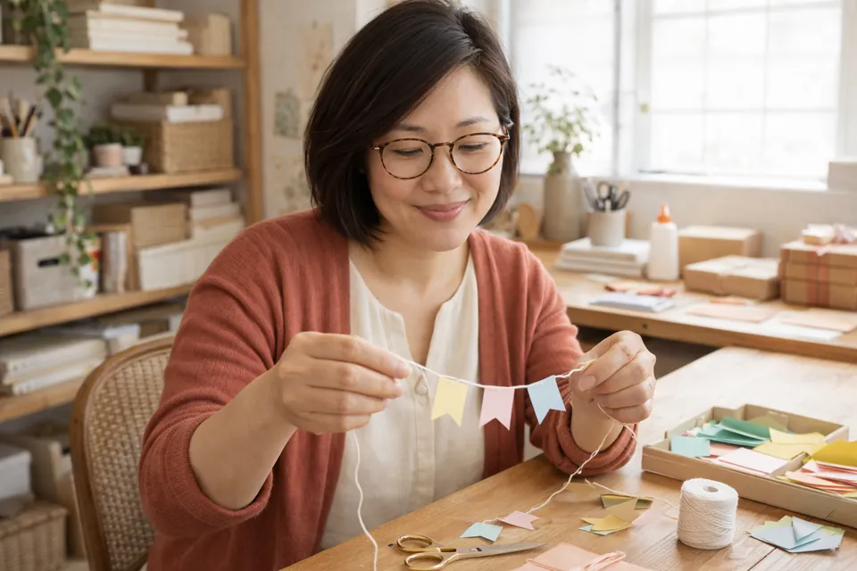 Alina holding a tiny paper garland beside a tray of paper scraps