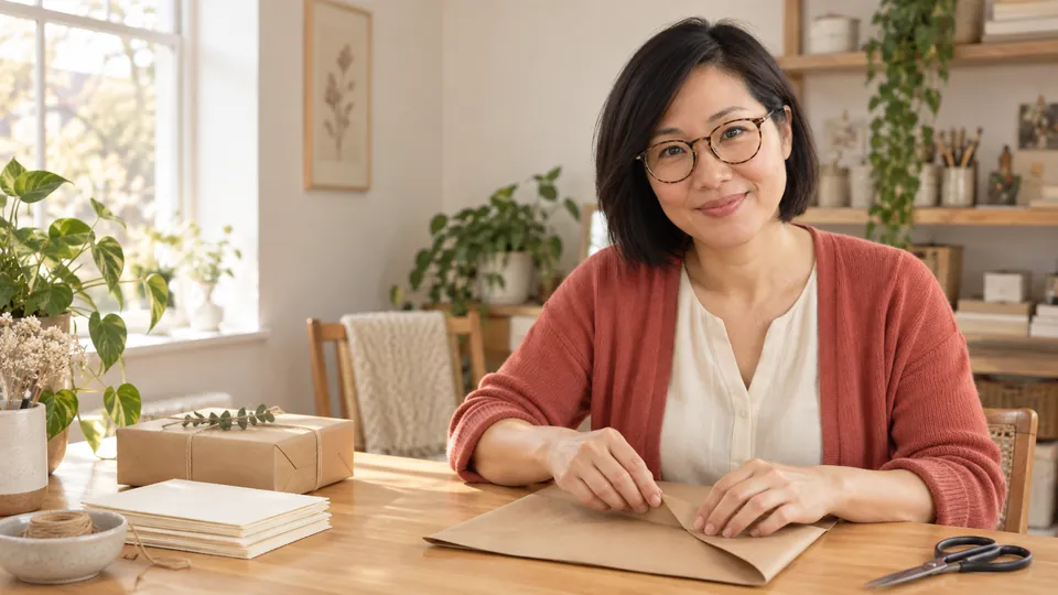 Alina folding kraft paper at a bright craft table