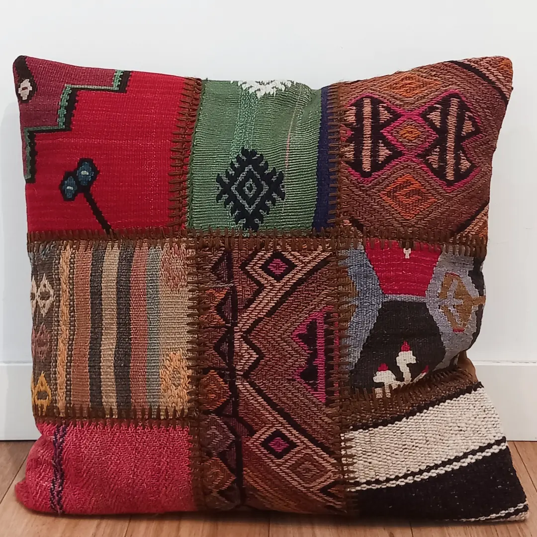 Handmade square cushions in wool yarn with Kilim Berber patchwork, 60x60cm, 2023