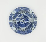 Export porcelain (no marks) deep plate with blue and white underglazing decor with a scene with a crow in the center. Restored., 21 cm, 1572 - 1620