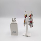 earrings with fabric details and ring in silver 925, ,