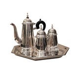 Includes tray, coffee pot, milk jug and sugar bowl. Marked Topázio., 30,5 cm,