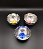 Set of three silver bowls with different colours enamel decor at the bottom of each bowl. Unknown silversmith&#39;s and 900 purity marks. Rebranded with Coelho 835 (Rabbit) (after 2021) and Coruja (Owl) hallmarks (when the previous hallmarks are unknown, this hallmars replaces them, Portugal). 688g (total), 13cm,