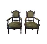 Pair of vintage (1950-1960) romantic style chairs. Portuguese. Carved wood and green fabric., 96,5x56,5x54,... mid 20th century - meados do séc. XX