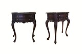 Pair of carved wood side tables with two drawers with brass handles., 71 x 59 x 27 cm, 20th century - séc. XX