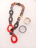 Necklaces, bracelets, earings and rings in dometic Buffalo Horn, lacquered. Available in different colours and shapes., ,