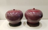 Pair of chinese ceramic pots with exotic wood stands., 29cm, 20th century - séc. XX