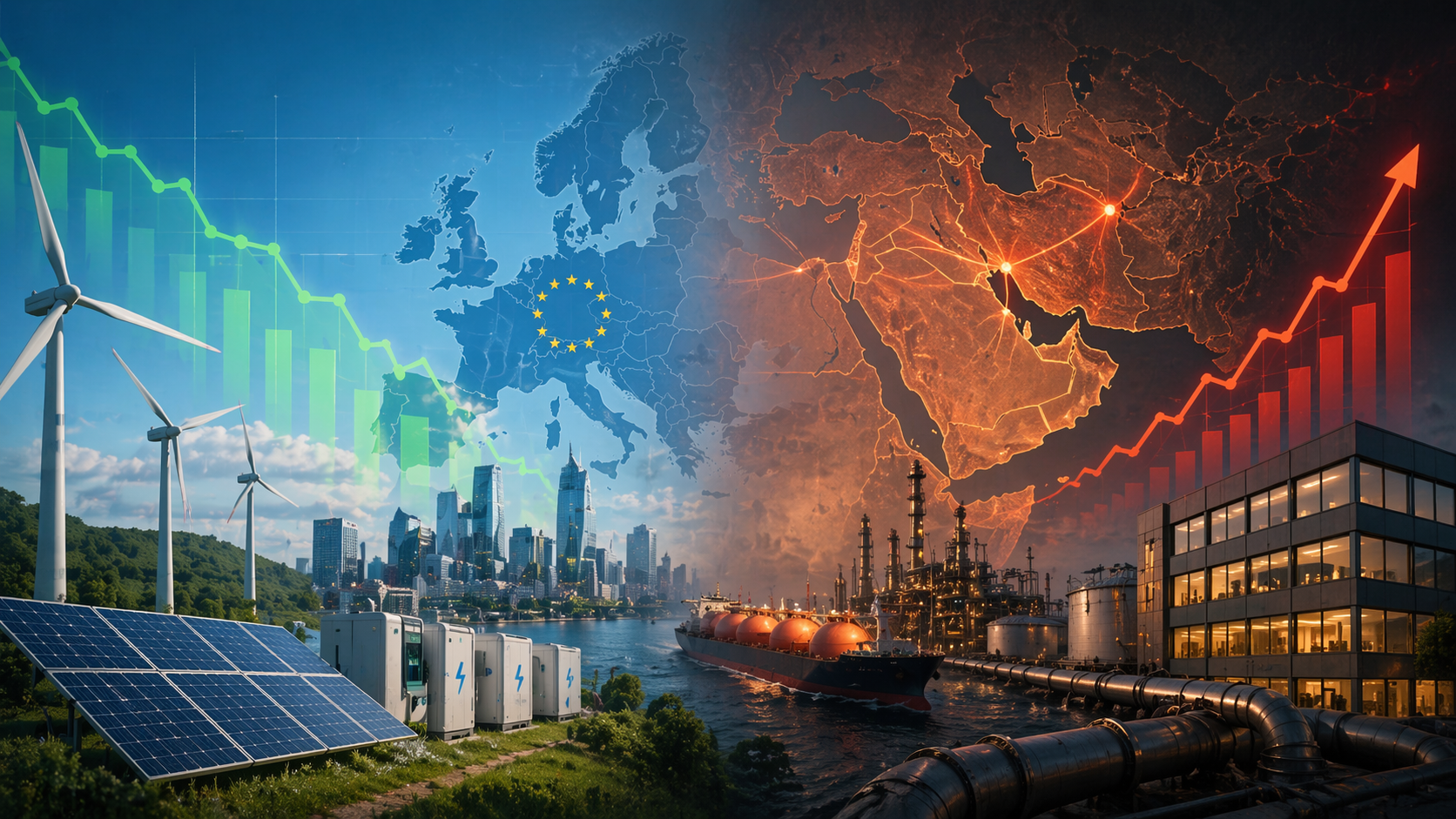 Paradoxul prețurilor europene: Regenerabilele taie 25% din costul electricității, dar șocul din Golf și liberalizarea triplează facturile la gaze pentru companii — NRG-IA