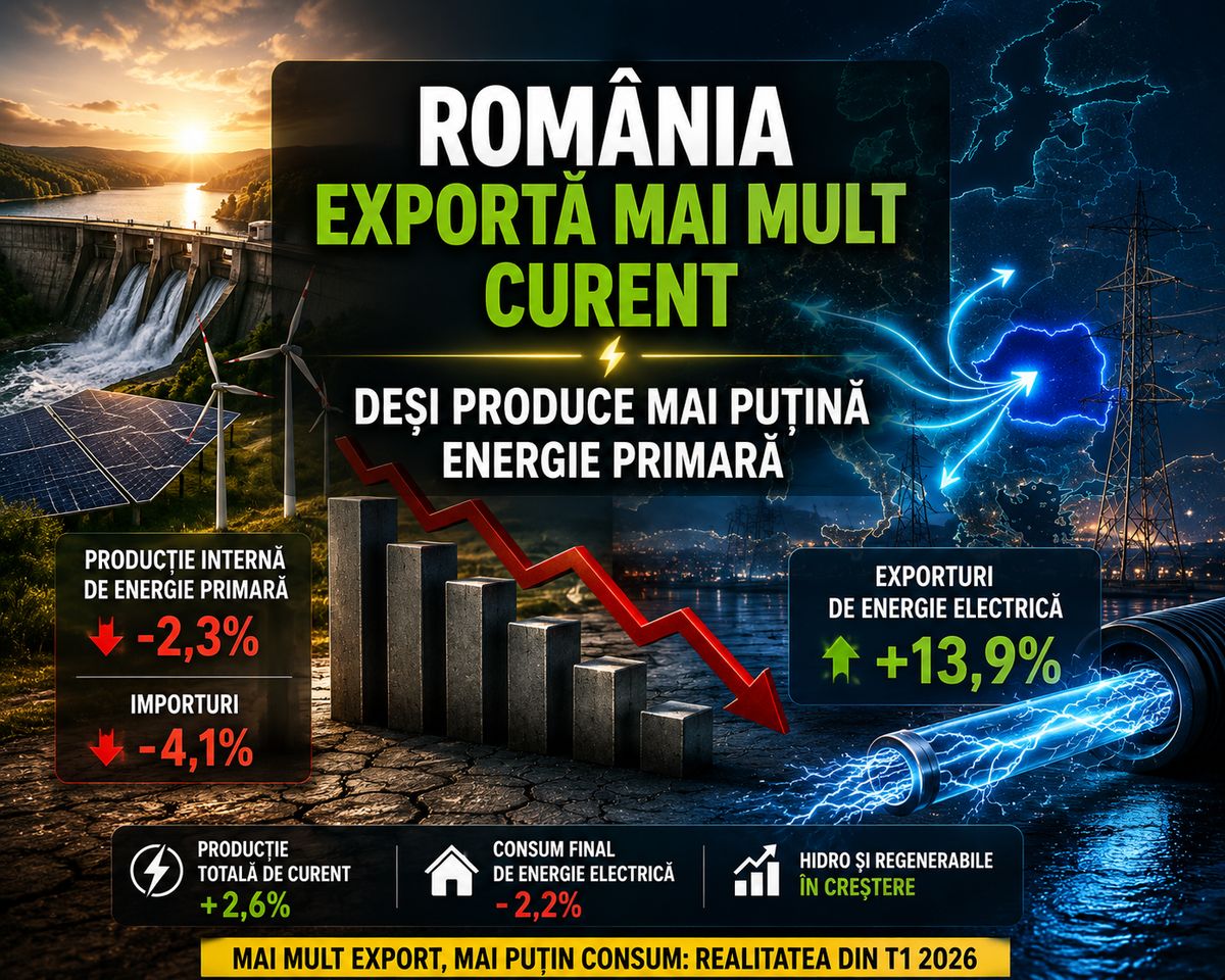 România produce mai puțină energie primară, dar exportă mai mult curent în T1 2026 — NRG-IA