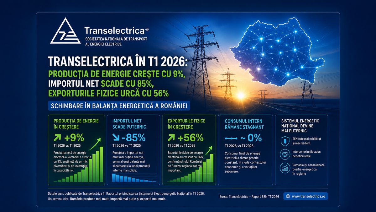Transelectrica T1 2026: producția de energie crește cu 9%, importul net scade cu 85%, exporturile fizice urcă cu 56% — NRG-IA