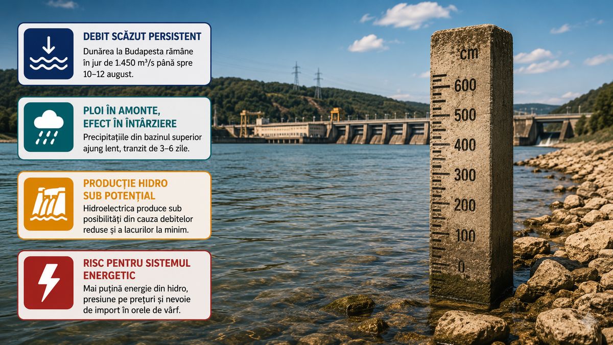 Dunărea poate coborî la 1.450 m³/s în august: impactul secetei asupra hidroenergiei, Cernavodă și sistemului regional — NRG-IA