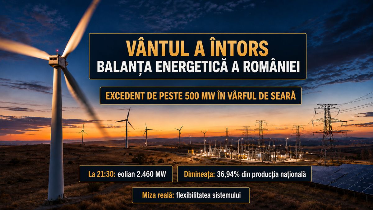 Vântul schimbă balanța energetică a României: 2.460 MW eolian și excedent în vârful de seară — NRG-IA