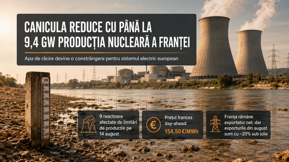 Canicula reduce producția nucleară a Franței cu până la 9,4 GW și ridică prețul day-ahead la 154,50 €/MWh — NRG-IA