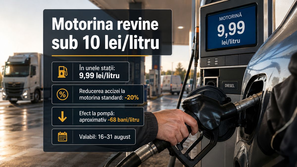 Motorina sub 10 lei/litru din 16 august 2026: acciza scade cu 20%, prețul cu 68 de bani — NRG-IA