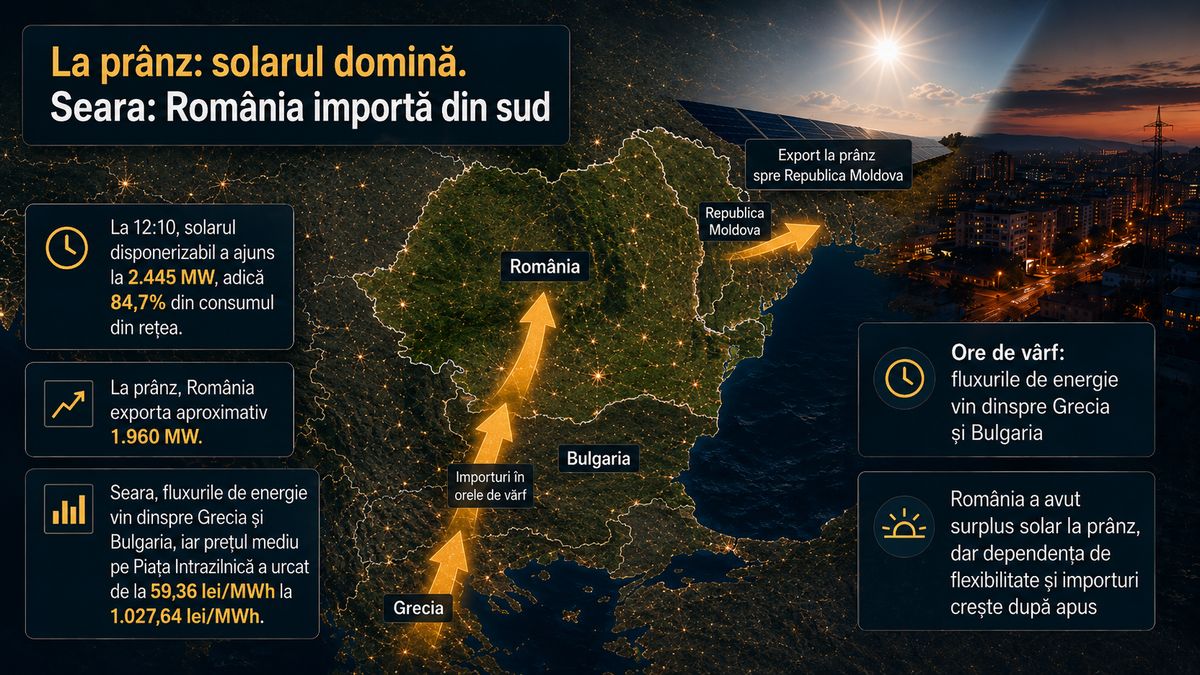 Solarul ajunge la 84,7% din consumul din rețea în România, iar prețul intrazilnic al energiei crește de 17 ori seara — NRG-IA