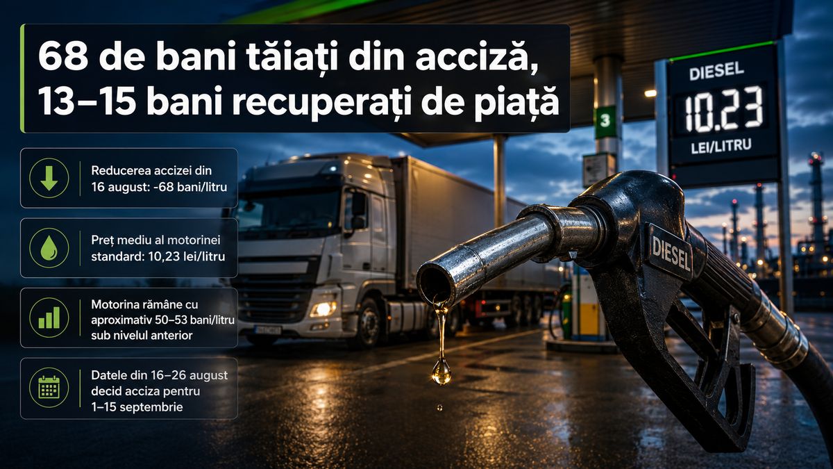 Motorina după reducerea accizei: 13–15 bani recuperați și noul calcul pentru septembrie — NRG-IA