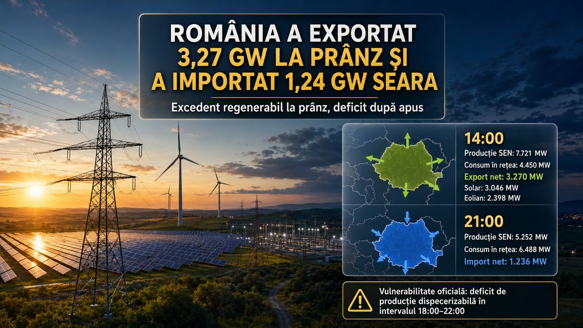 România: export de 3,27 GW la prânz și import de 1,24 GW seara pe 28 august 2026 — NRG-IA