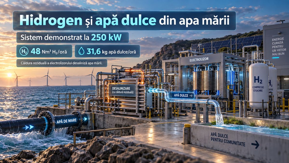 Hidrogen și apă dulce din apa mării: sistem de 250 kW produce 48 Nm³ H₂/h și recuperează căldura electrolizei — NRG-IA