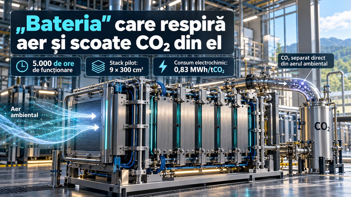 Bateria care scoate CO₂ din aer: 5.000 de ore de funcționare și un stack pilot la 0,83 MWh/tCO₂ — NRG-IA