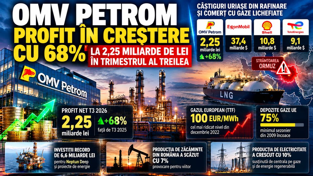 Rezultate financiare T3 2026 în energie: profitul OMV Petrom urcă cu 68% la 2,25 miliarde lei, iar giganții petrolieri câștigă 37,4 miliarde dolari — NRG-IA
