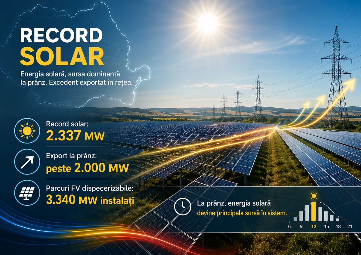 România atinge un nou record solar: 2.337 MW producție fotovoltaică și export de peste 2.000 MW — NRG-IA
