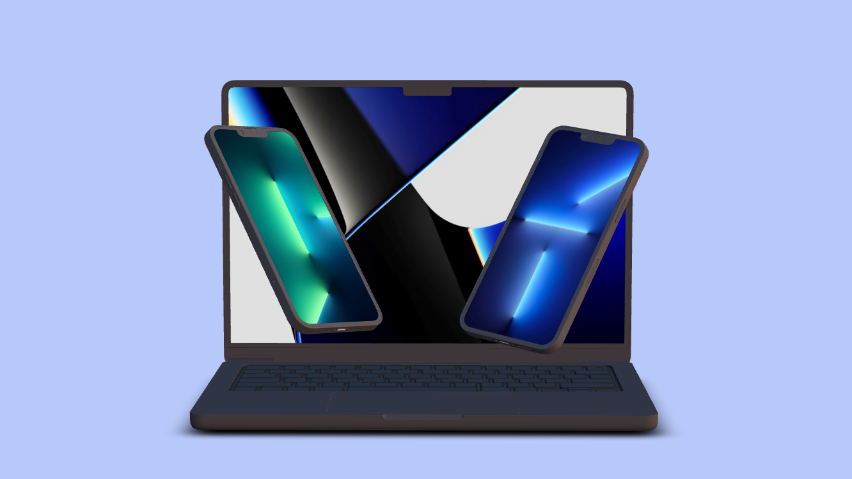 A Clay Mockup of MacBook Pro (14-Inch M1X 2021) and two iPhone 13 Phones