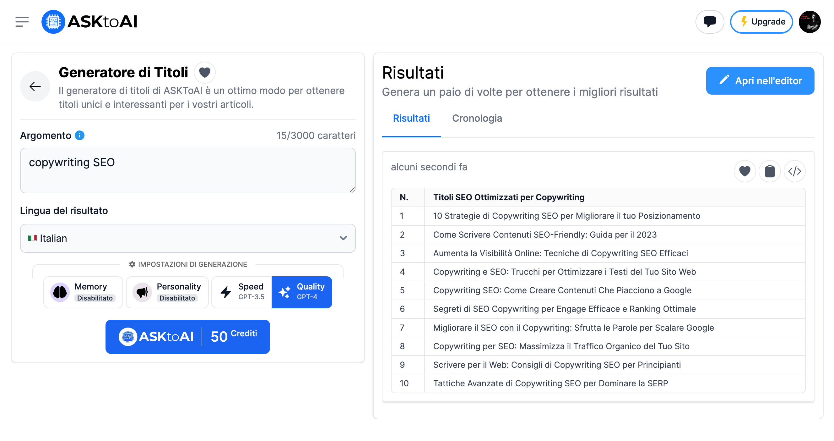 Tool Generatore di Titoli di ASKtoAI